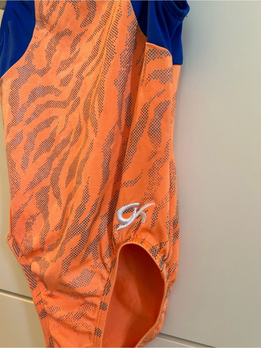GK Elite Orange & Royal Blue Tiger Print Leotard - CM Child’s Medium